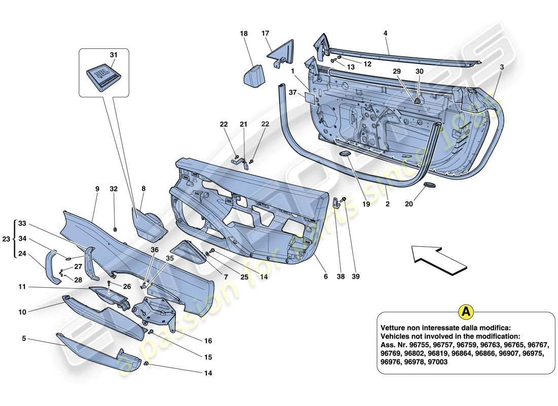 ferrari 458 italia (usa) portes - sous-structure et garniture schéma des pièces