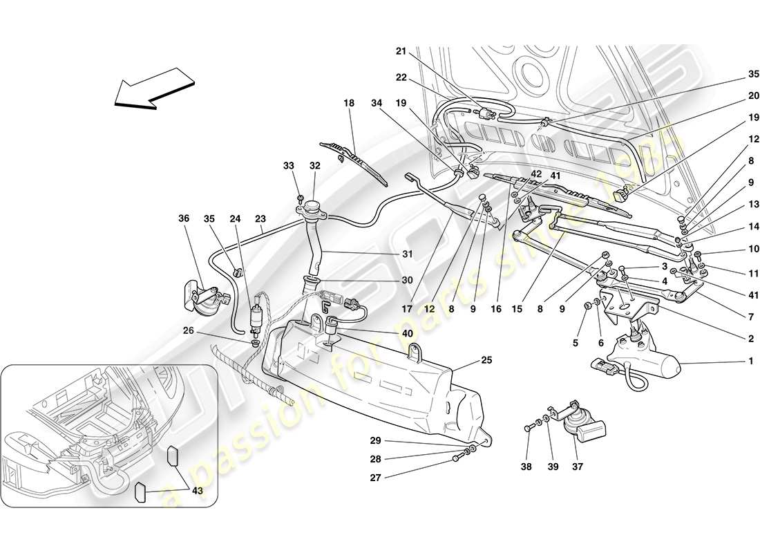 ferrari f430 coupe (europe) essuie-glace, lave- rondelle et klaxons schéma des pièces