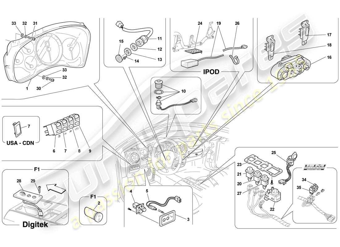 ferrari f430 scuderia (rhd) tableau de bord et instruments pour tunnel schéma des pièces