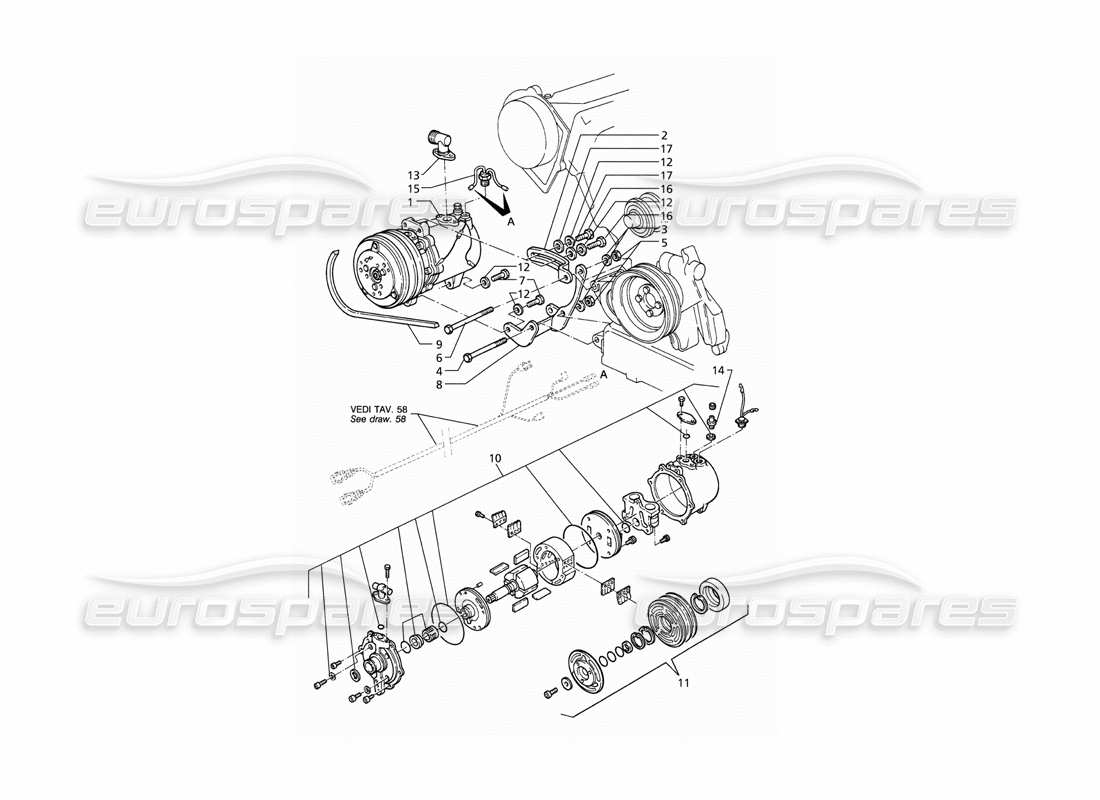 maserati qtp v6 (1996) diagramme des pièces du compresseur d'air et des supports