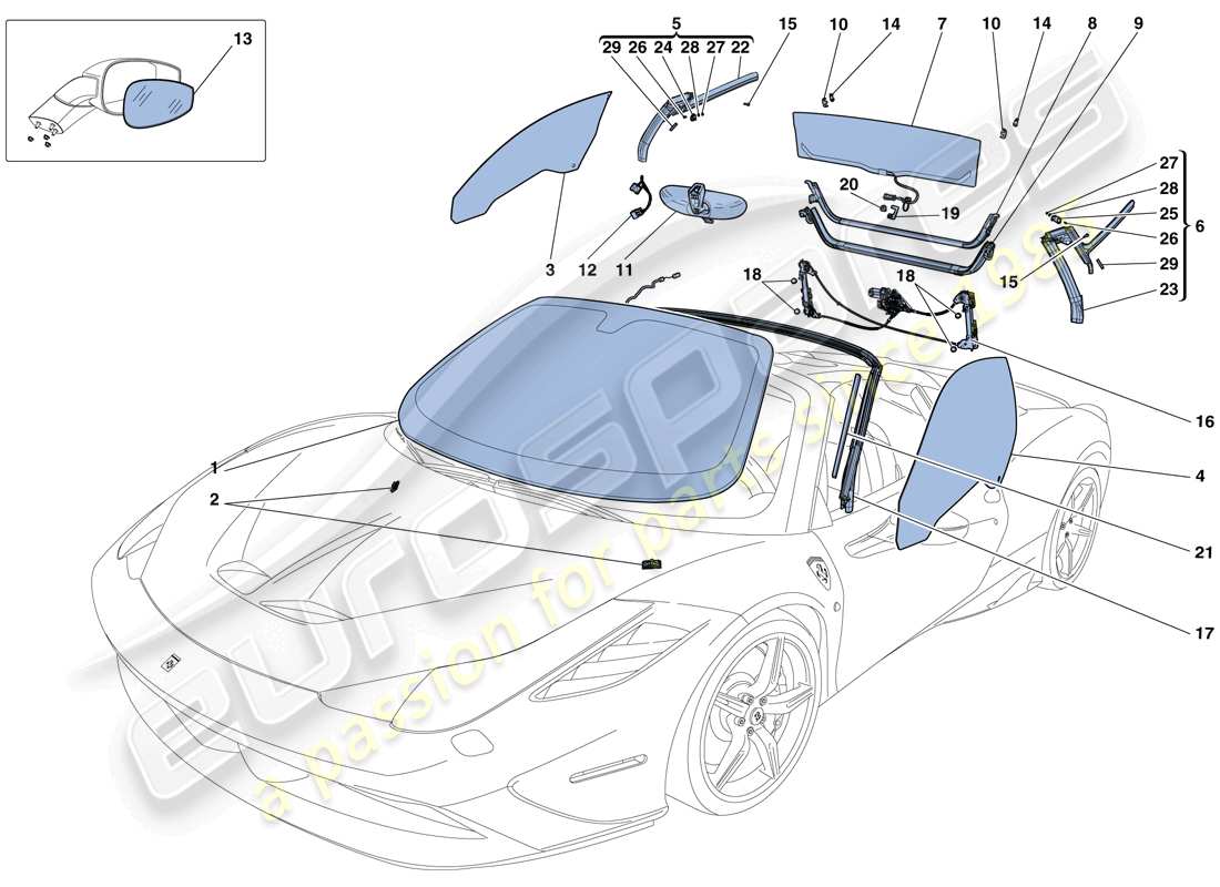 ferrari 458 speciale aperta (europe) écrans, fenêtres et joints schéma des pièces