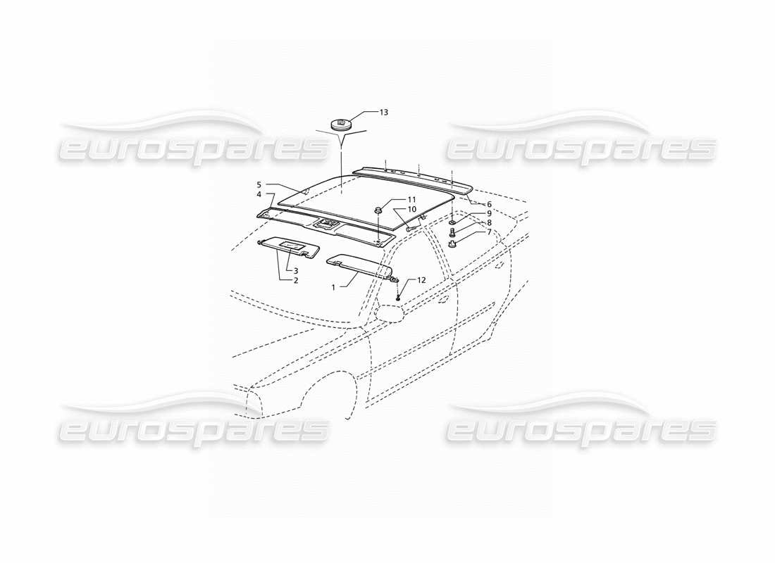 maserati qtp v6 (1996) garnitures intérieures : diagramme de pièces du toit (lhd)