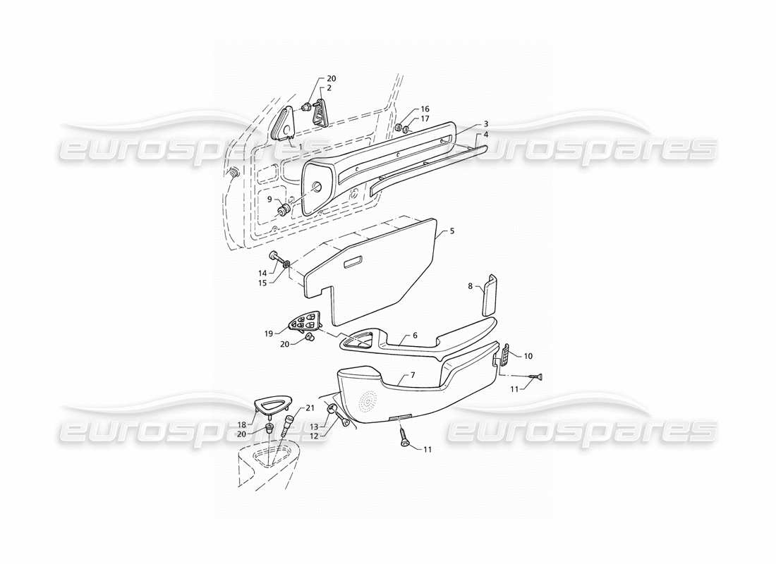 maserati qtp v8 (1998) garnitures intérieures : diagramme de pièces des panneaux de porte avant (rhd)