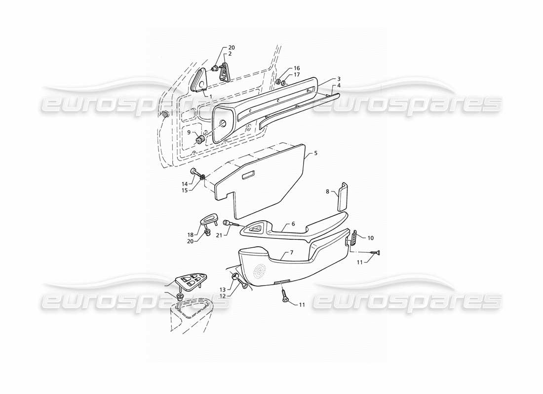 maserati qtp v8 (1998) garnitures intérieures : diagramme de pièces des panneaux de porte avant (lhd)