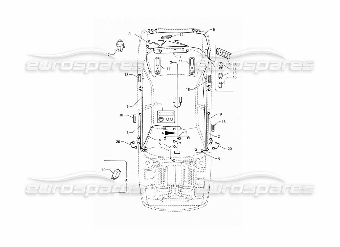 maserati qtp v8 (1998) système électrique : schéma des pièces du coffre, des portes et du compartiment passager (rhd)