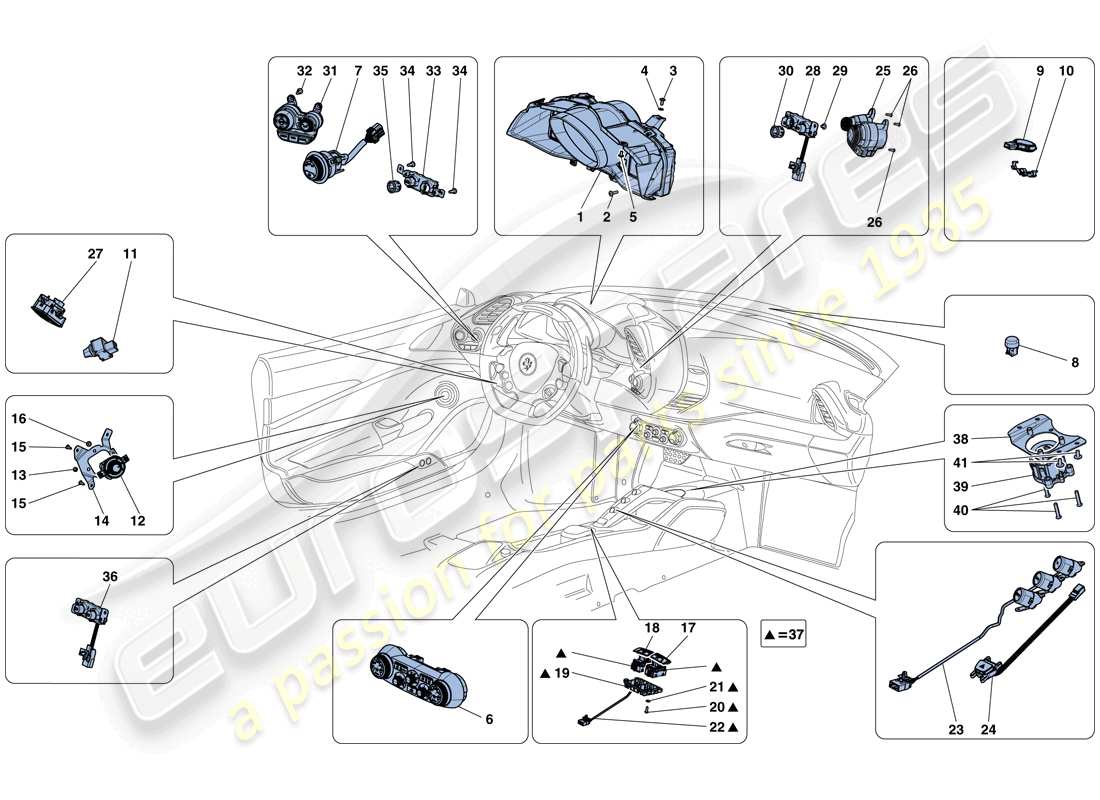 ferrari 488 gtb (rhd) tableau de bord et instruments de tunnel schéma des pièces