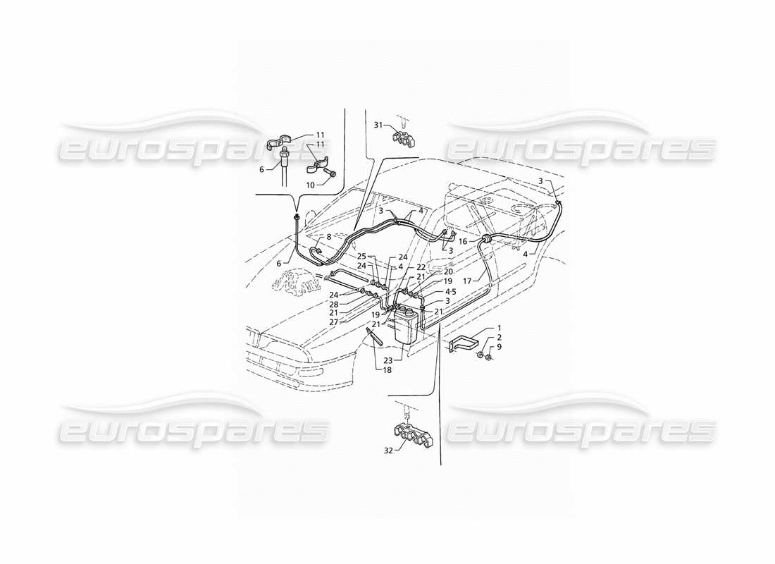 maserati qtp v6 (1996) schéma des pièces du système de récupération des vapeurs d'évaporation et des conduites de carburant (rhd)