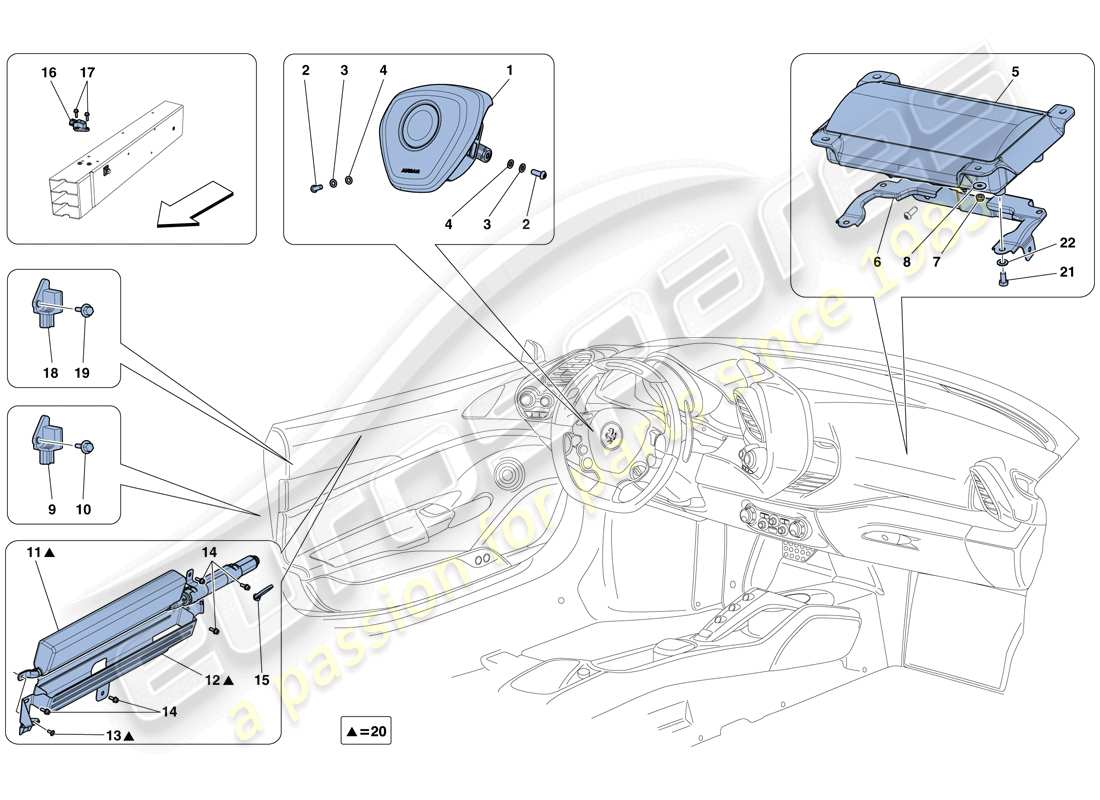 ferrari 488 gtb (rhd) diagramme des pièces des airbags