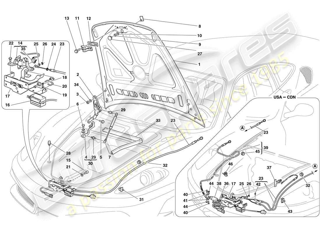 ferrari f430 scuderia spider 16m (europe) couvercle avant et mécanisme d'ouverture schéma des pièces