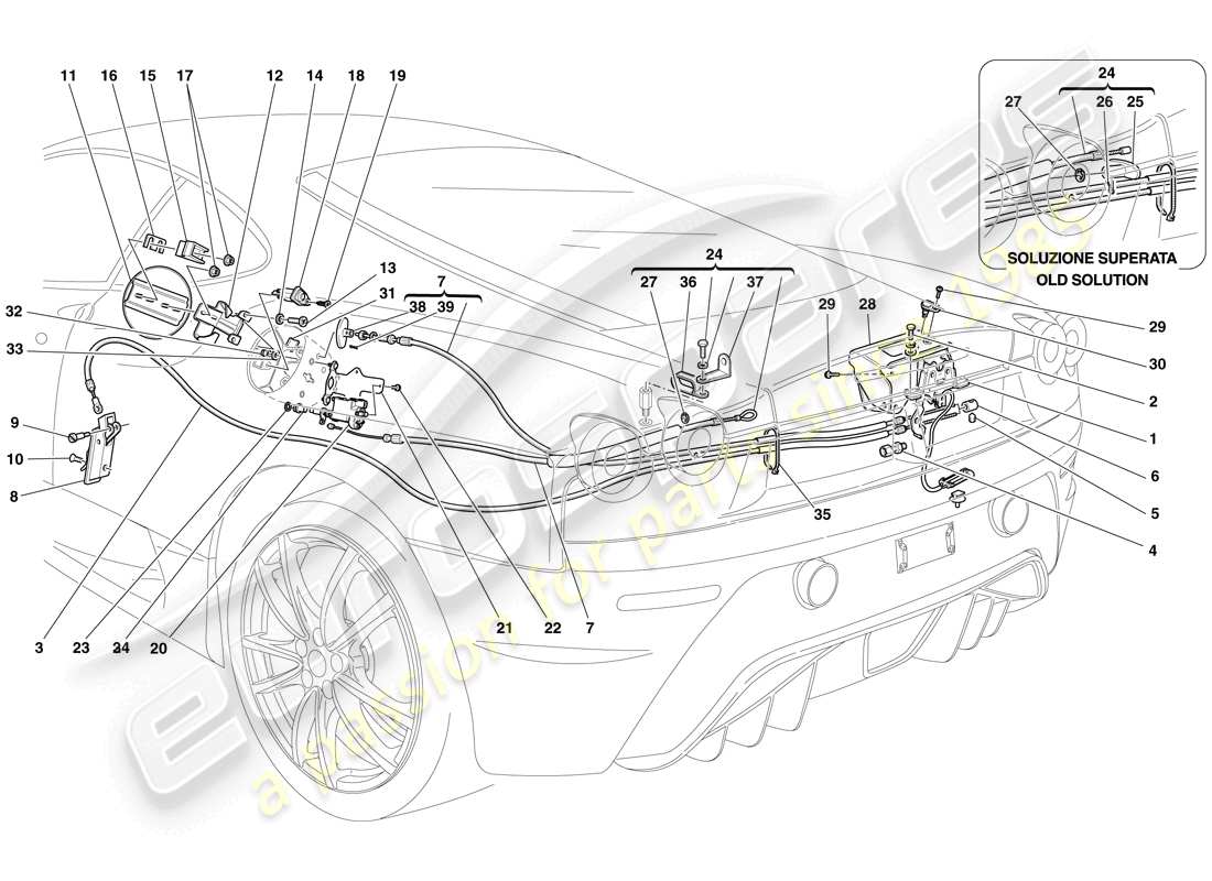 ferrari f430 scuderia (usa) mécanismes d'ouverture du couvercle du compartiment moteur et de la trappe de remplissage de carburant schéma des pièces