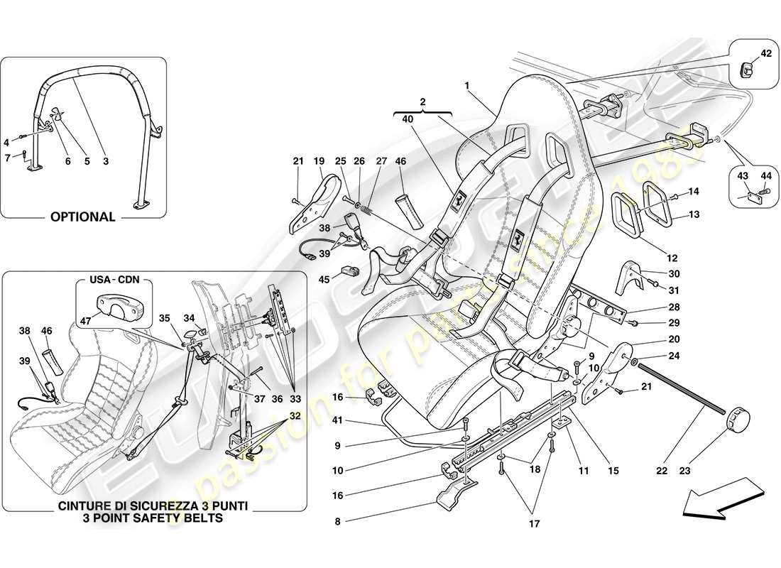 ferrari f430 coupe (rhd) racing seat-4 point siege harnais-rollbar schéma des pièces
