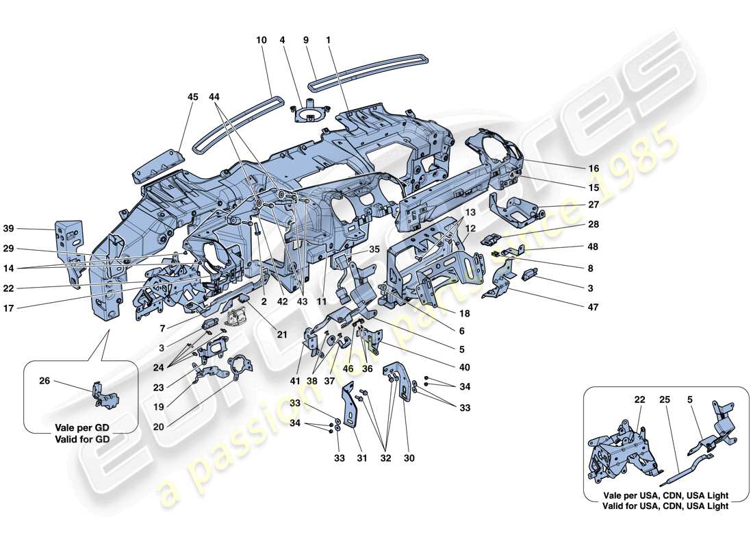 ferrari california t (rhd) tableau de bord - sous-structure schéma des pièces