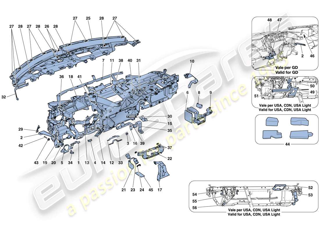 ferrari 488 spider (europe) tableau de bord - sous-structure schéma des pièces