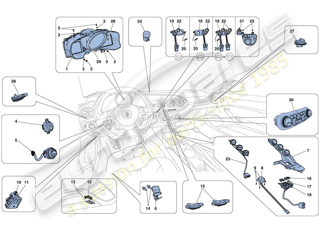 ferrari f12 tdf (rhd) tableau de bord et instruments pour tunnel schéma des pièces