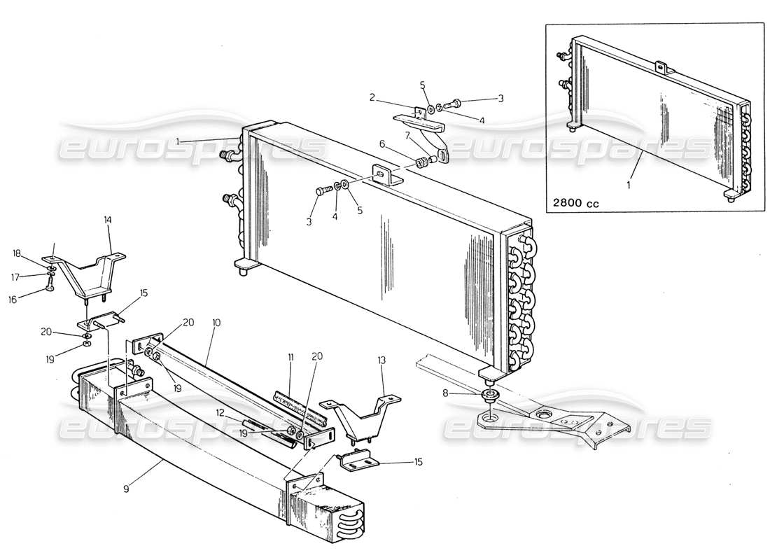 maserati 222 / 222e biturbo diagramme des pièces du condenseur supérieur et inférieur (pré-modif.)