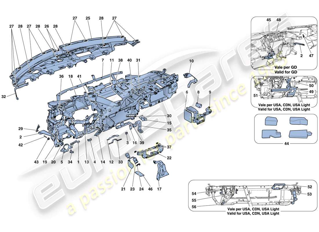 ferrari 488 gtb (rhd) tableau de bord - sous-structure schéma des pièces