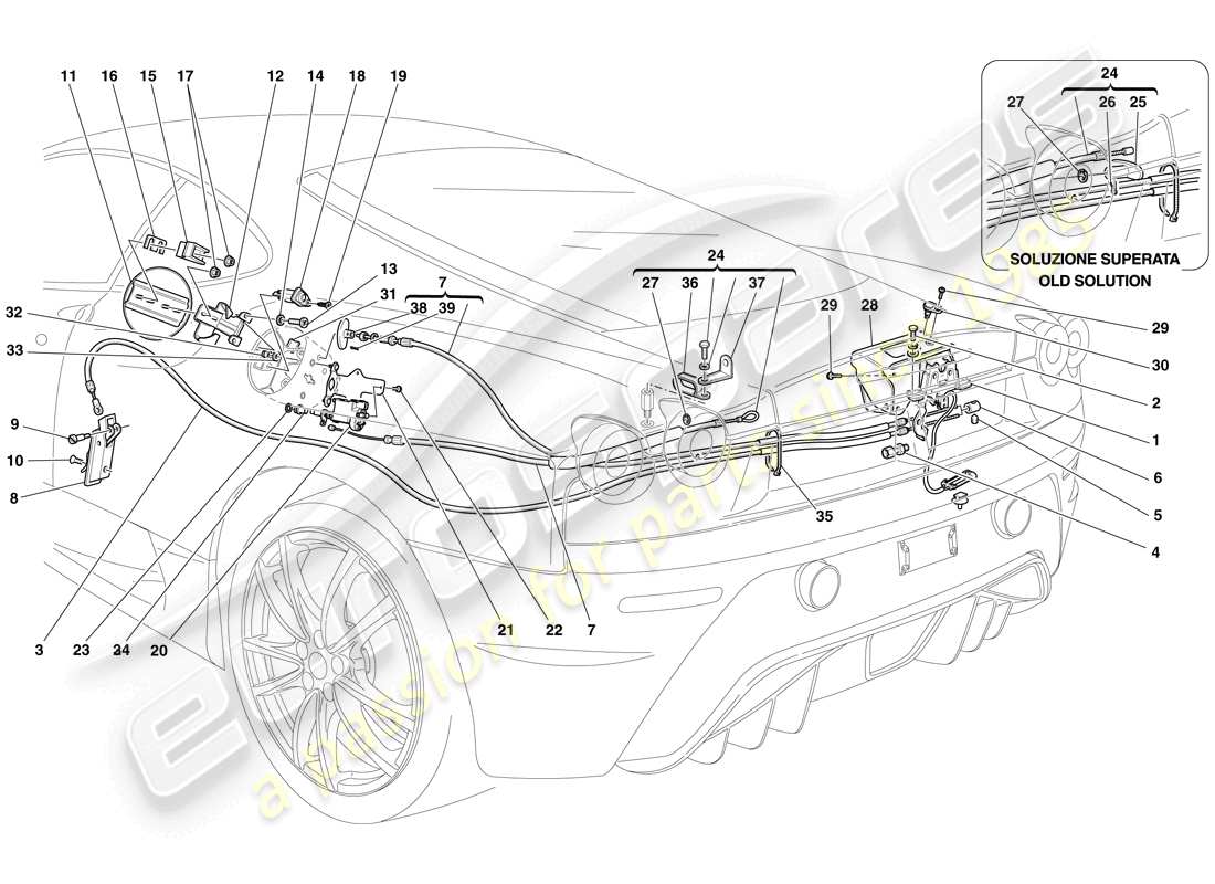 ferrari f430 scuderia spider 16m (usa) mécanismes d'ouverture du couvercle du compartiment moteur et de la trappe de remplissage de carburant schéma des pièces