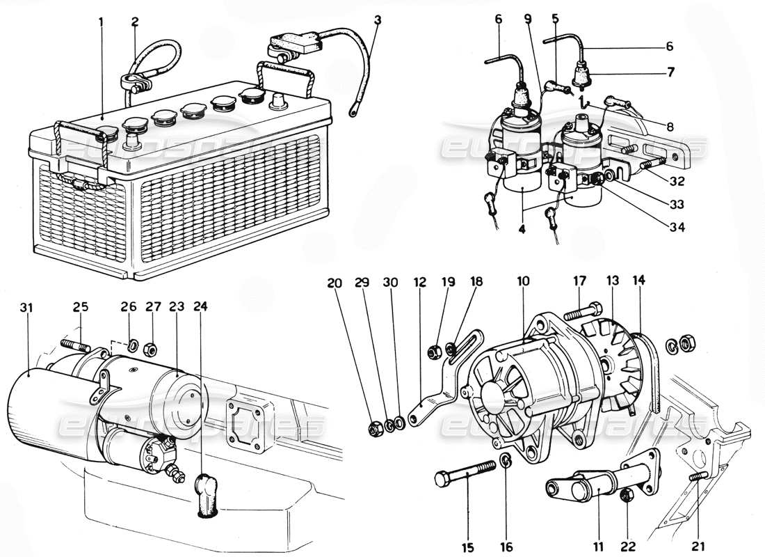 ferrari 365 gtc4 (mechanical) alternateur et démarreur - schéma des pièces de révision