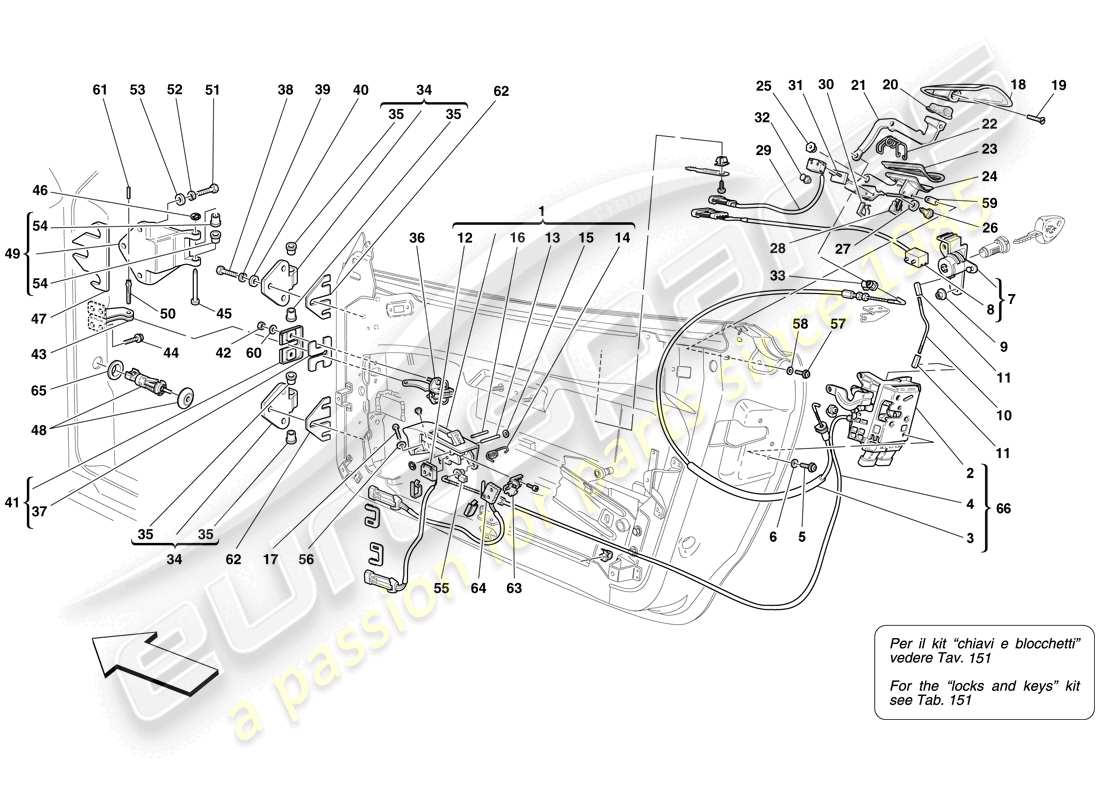 ferrari f430 spider (rhd) portes - mécanisme d'ouverture et charnières schéma des pièces