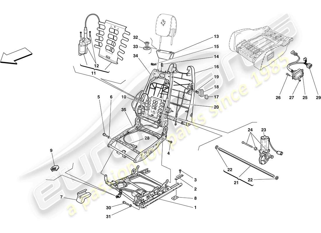 ferrari f430 coupe (rhd) siège électrique - guides et mécanismes de réglage schéma des pièces