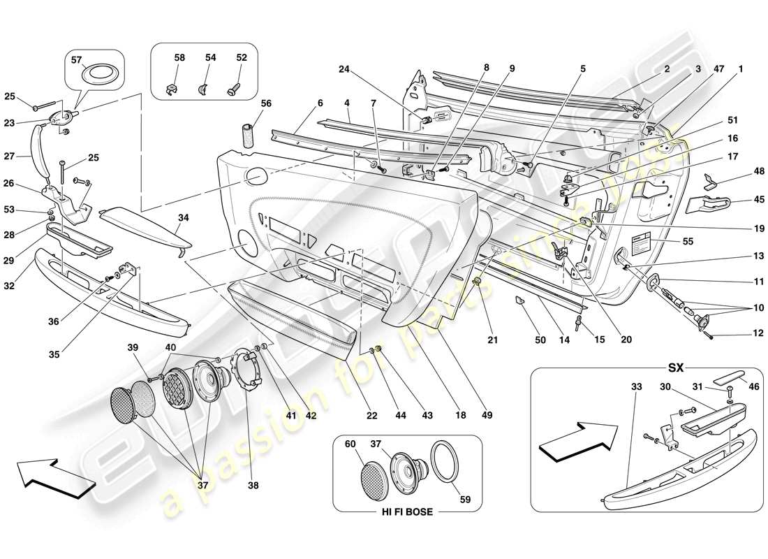 ferrari f430 spider (europe) portes - sous-structure et garniture schéma des pièces