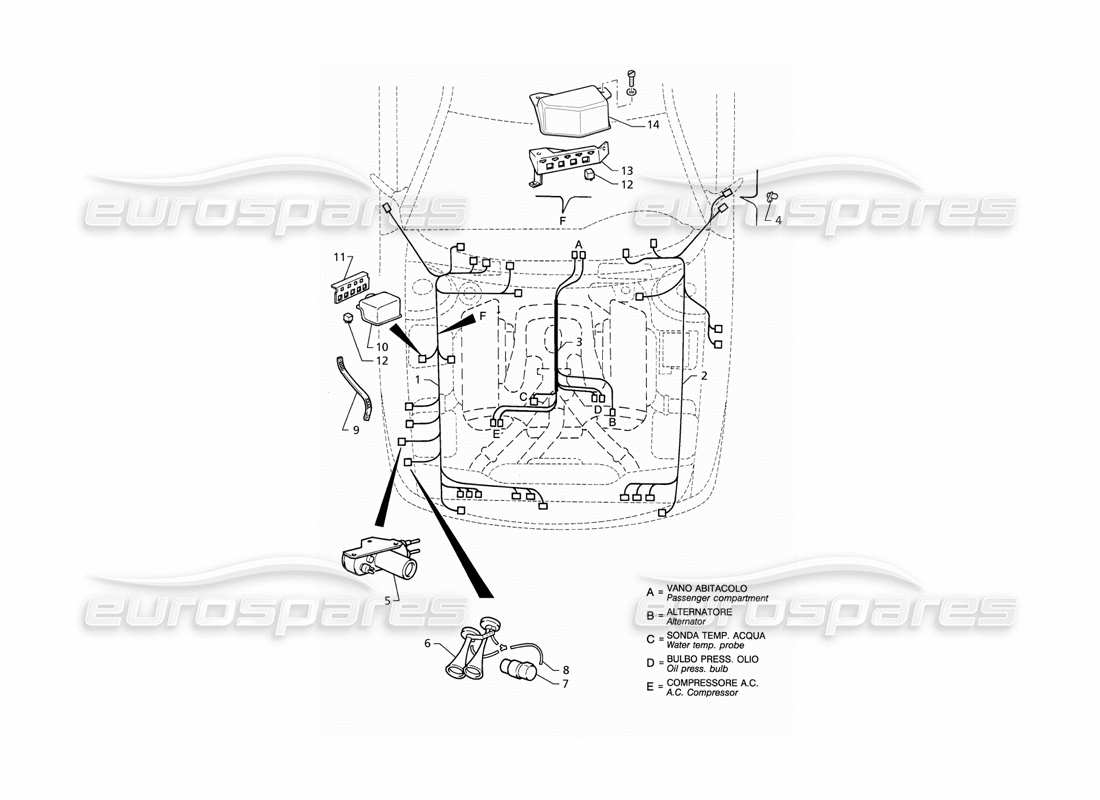 maserati qtp v6 (1996) système électrique : compartiment moteur (lhd) schéma des pièces