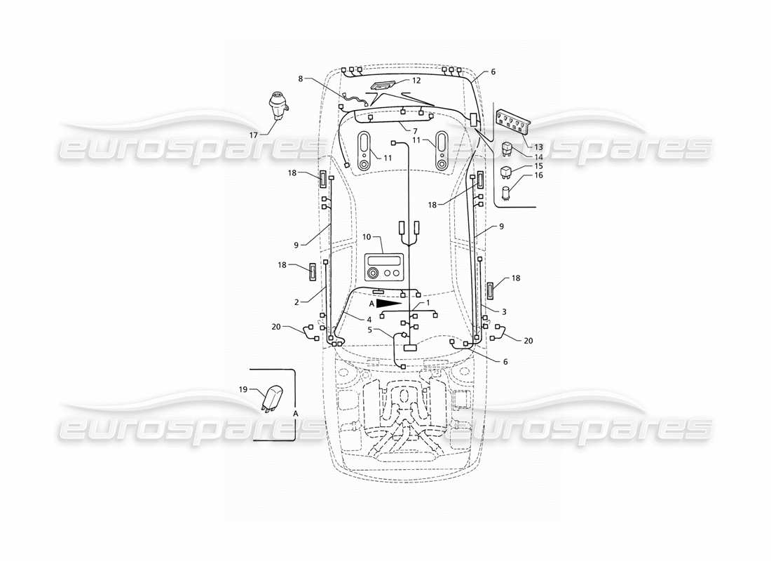 maserati qtp v6 (1996) système électrique : schéma des pièces du coffre, des portes et du compartiment passager (lhd)