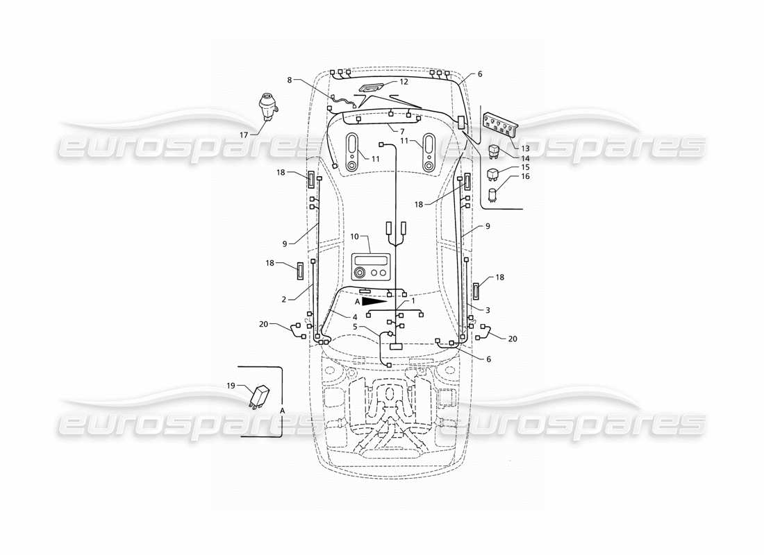 maserati qtp v6 (1996) système électrique : coffre-portes-compartiment passager (rhd) schéma des pièces