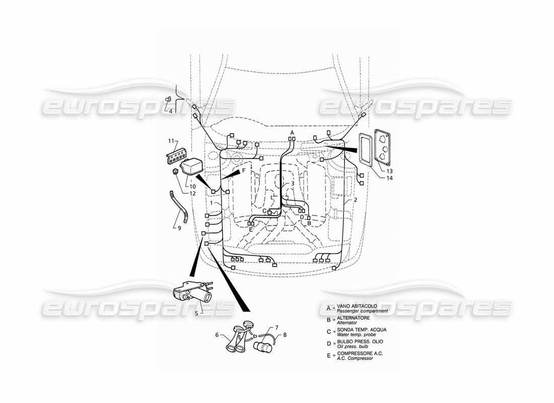 maserati qtp v6 (1996) système électrique : diagramme de pièces du compartiment moteur (rhd)