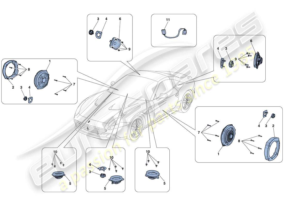 ferrari california t (rhd) système de haut-parleurs audio schéma des pièces