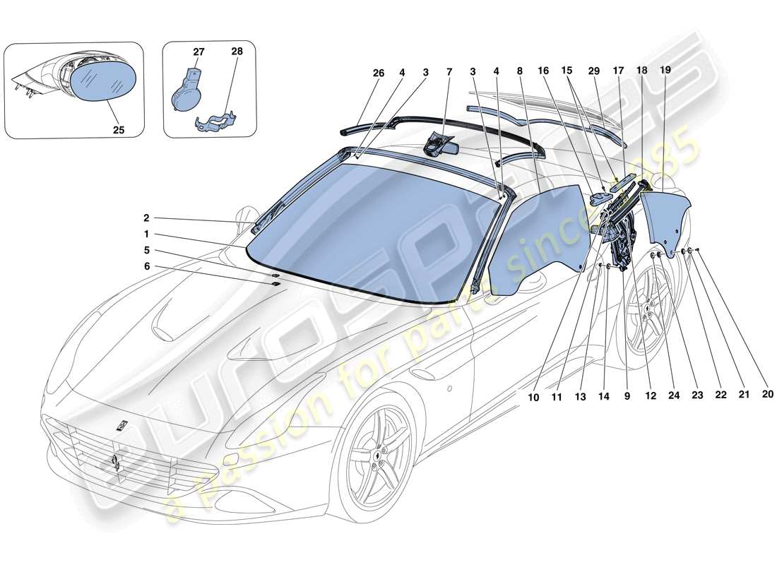 ferrari california t (rhd) écrans, fenêtres et joints schéma des pièces