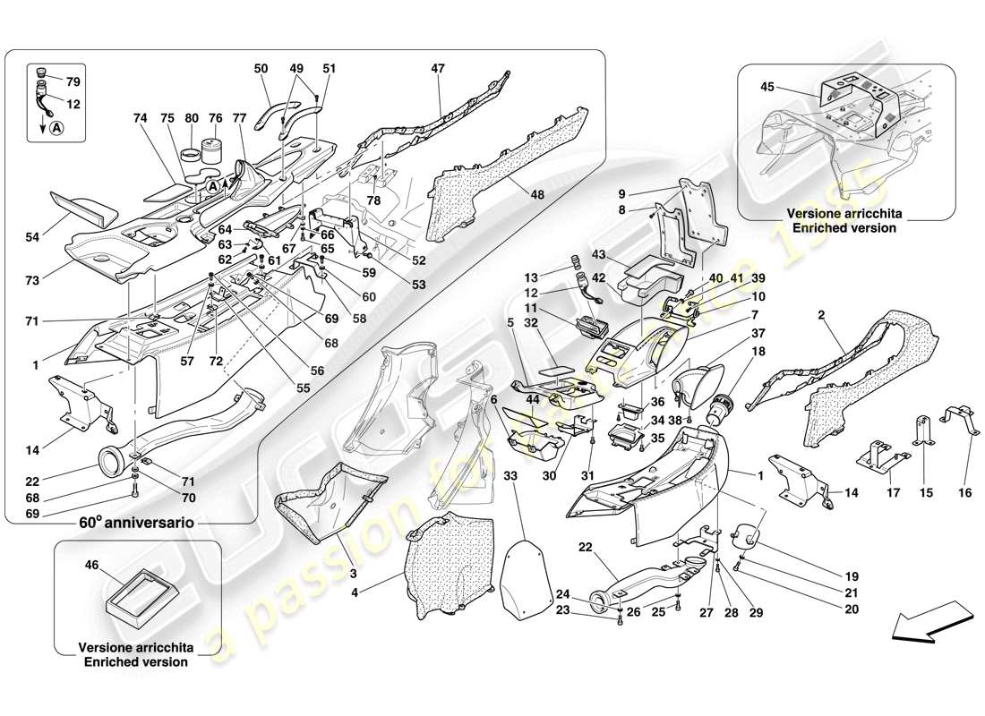 ferrari 612 scaglietti (rhd) tunnel - sous-structure et accessoires schéma des pièces