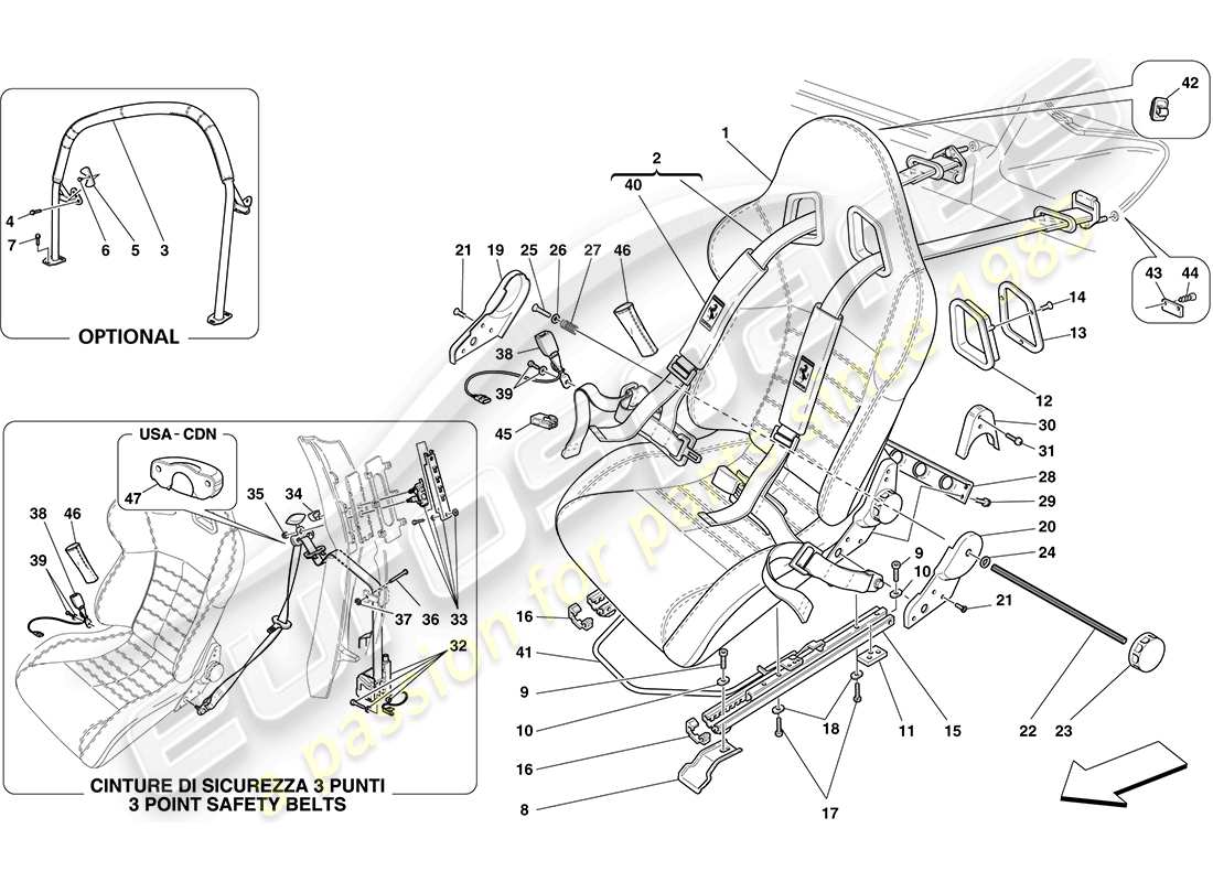 ferrari f430 coupe (usa) racing seat-4 point siege harnais-rollbar schéma des pièces