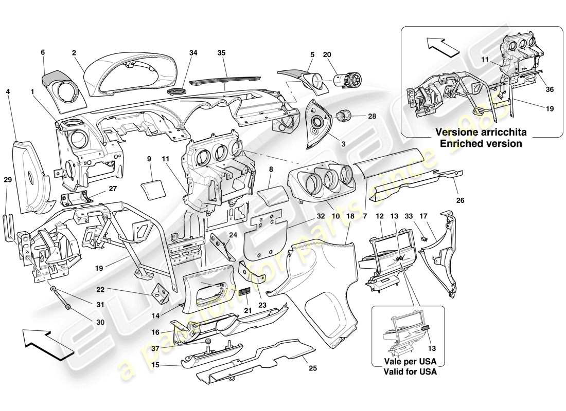 ferrari 612 scaglietti (rhd) diagramme des pièces du tableau de bord