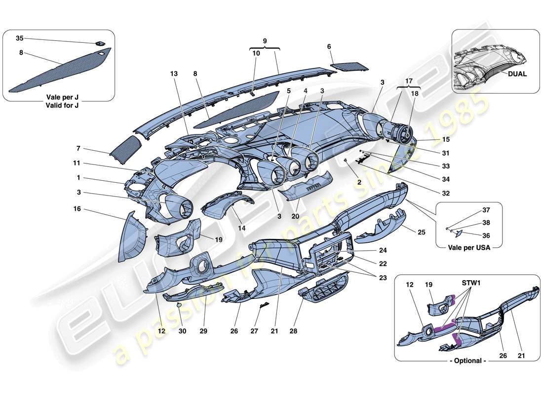 ferrari california t (europe) tableau de bord - garniture schéma des pièces
