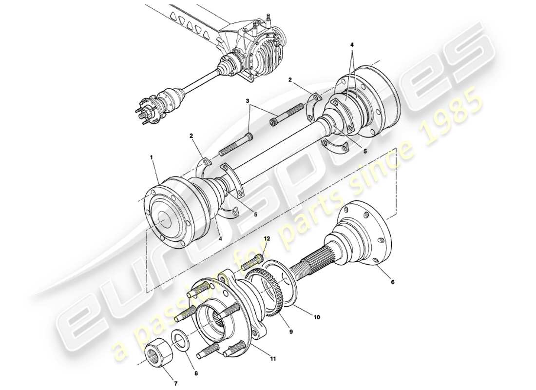 aston martin v8 volante (2000) ensemble arbre de transmission et moyeu schéma des pièces
