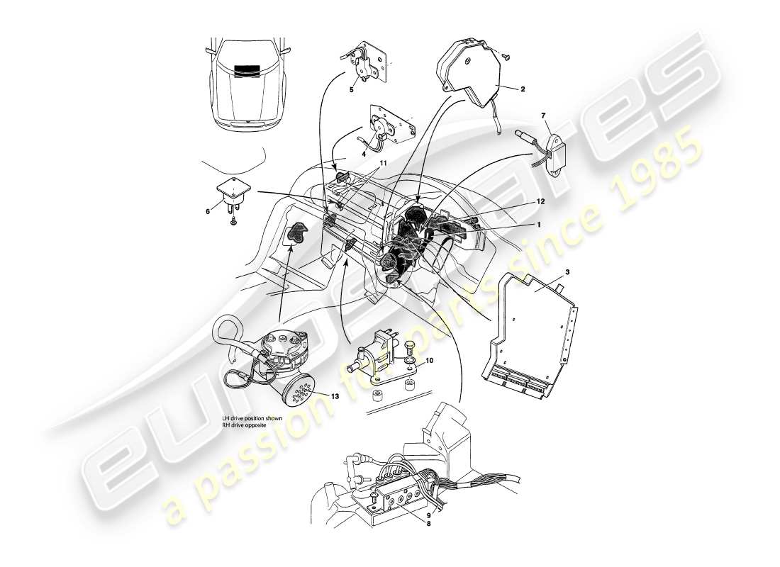 aston martin v8 volante (1999) capteurs, commutateurs, solénoïdes, moteurs, etc. diagramme de pièces