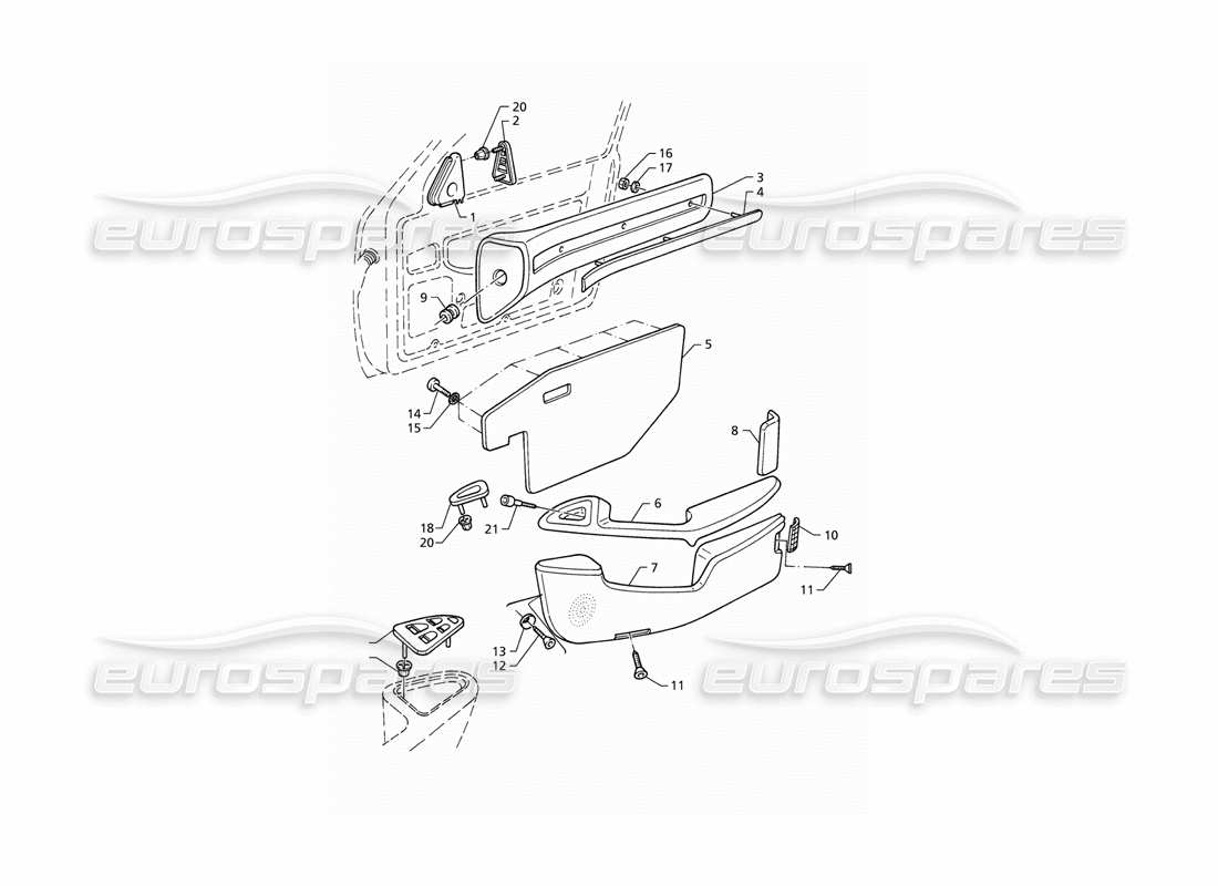 maserati qtp v6 (1996) garnitures intérieures : diagramme de pièces des panneaux de porte avant (lhd)