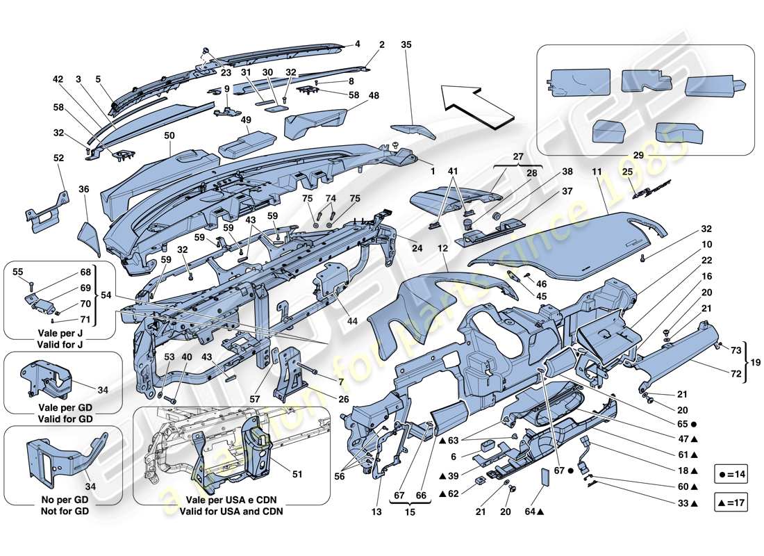ferrari 458 spider (rhd) diagramme des pièces du tableau de bord