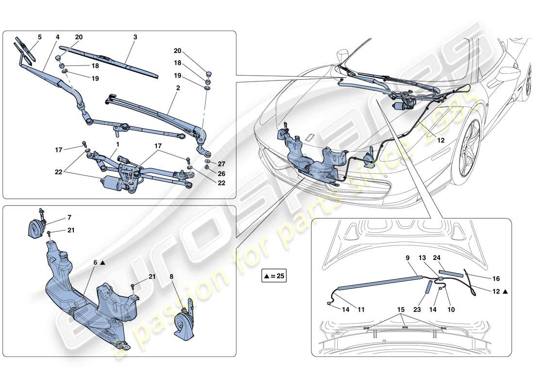 ferrari 458 italia (europe) essuie-glace, lave- rondelle et klaxons schéma des pièces