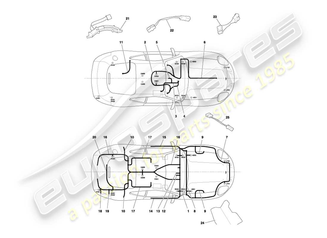aston martin db7 vantage (2000) diagramme des pièces des faisceaux