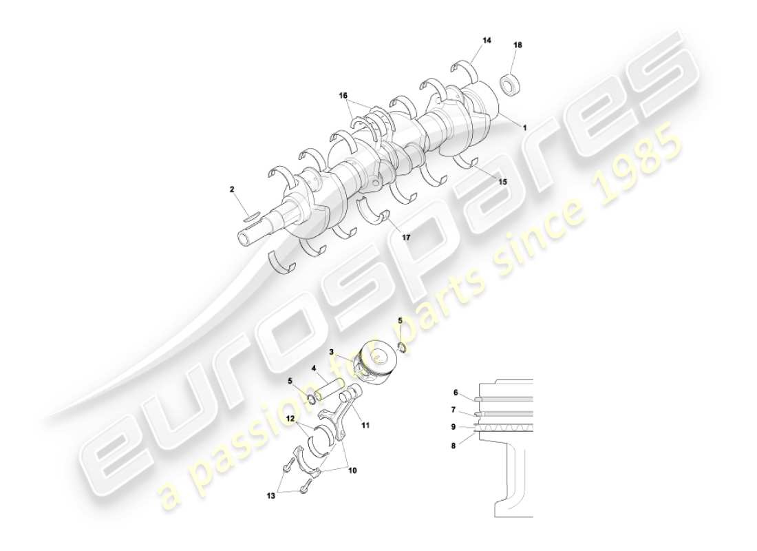 aston martin vanquish (2005) diagramme des pièces du vilebrequin, des pistons et des bielles