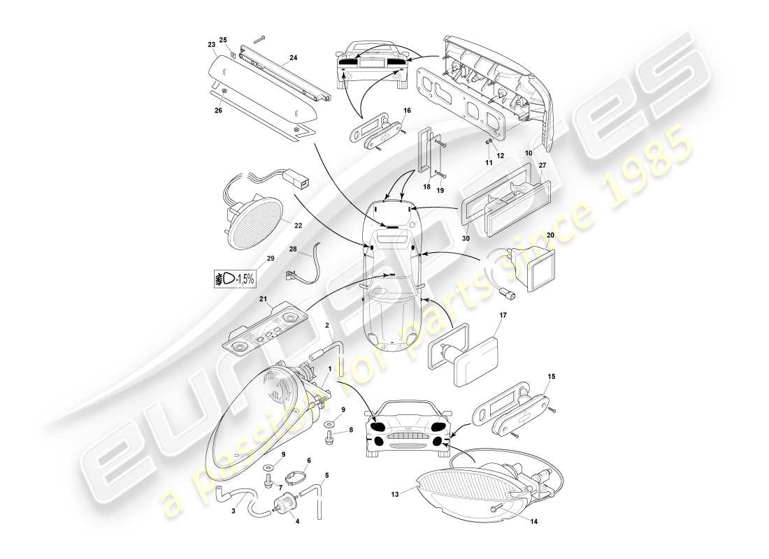 aston martin db7 vantage (2001) diagramme des pièces des lampes et ampoules