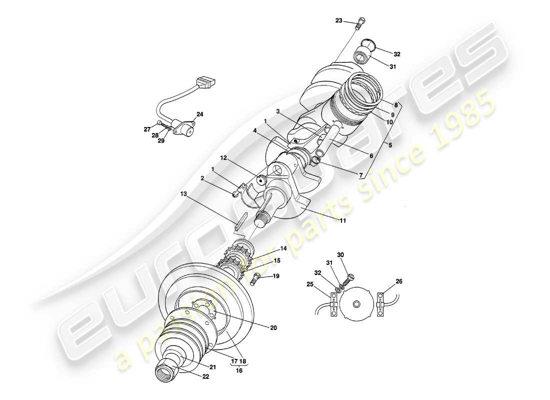 aston martin v8 volante (1997) diagramme des pièces du vilebrequin, des pistons et des bielles