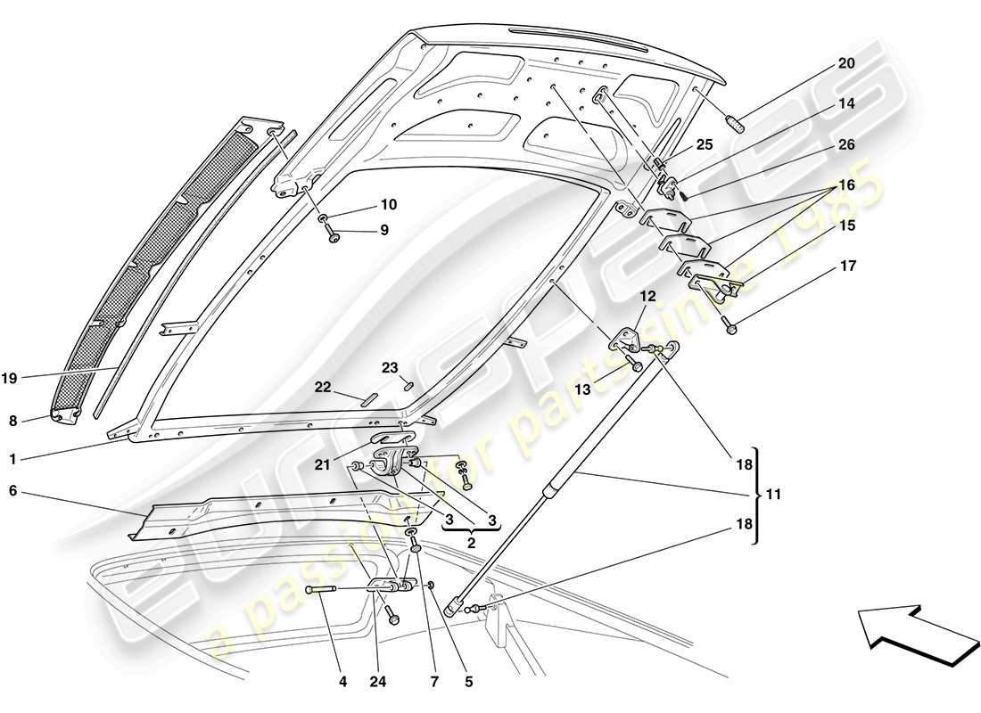 ferrari f430 coupe (rhd) couvercle du compartiment moteur schéma des pièces