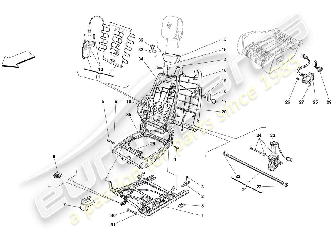 ferrari f430 spider (rhd) siège électrique - guides et mécanismes de réglage schéma des pièces
