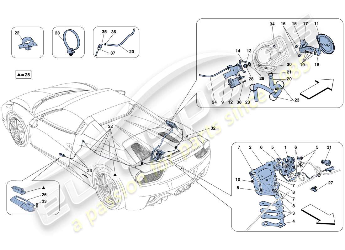 ferrari 458 spider (rhd) mécanismes d'ouverture du couvercle du compartiment moteur et de la trappe de remplissage de carburant schéma des pièces