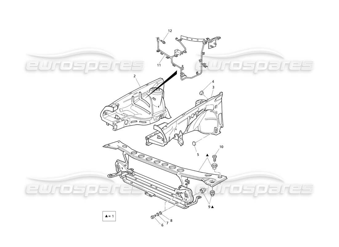 maserati qtp v6 evoluzione coque de carrosserie : diagramme des pièces du panneau avant et des passages de roues intérieurs