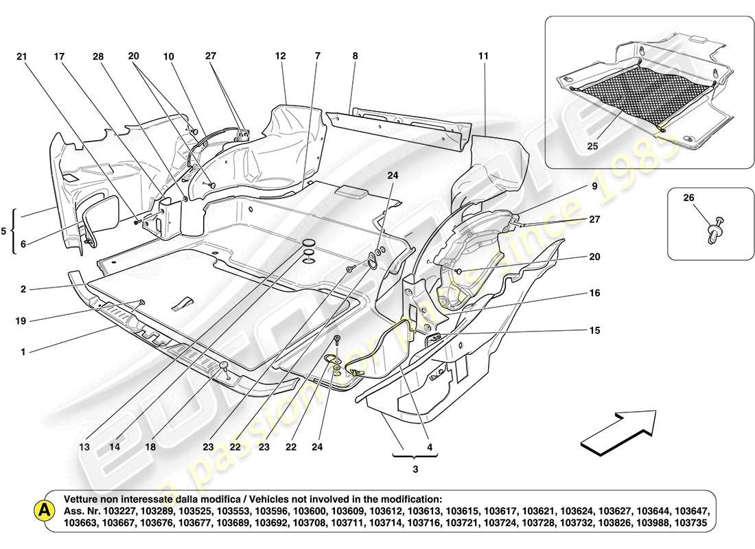 ferrari california (rhd) schéma des pièces des tapis de coffre à bagages