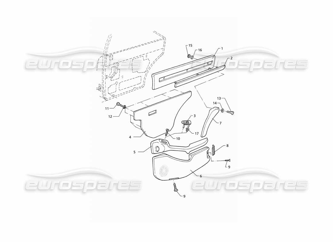 maserati qtp v6 (1996) garnitures intérieures : diagramme de pièces des panneaux de porte arrière